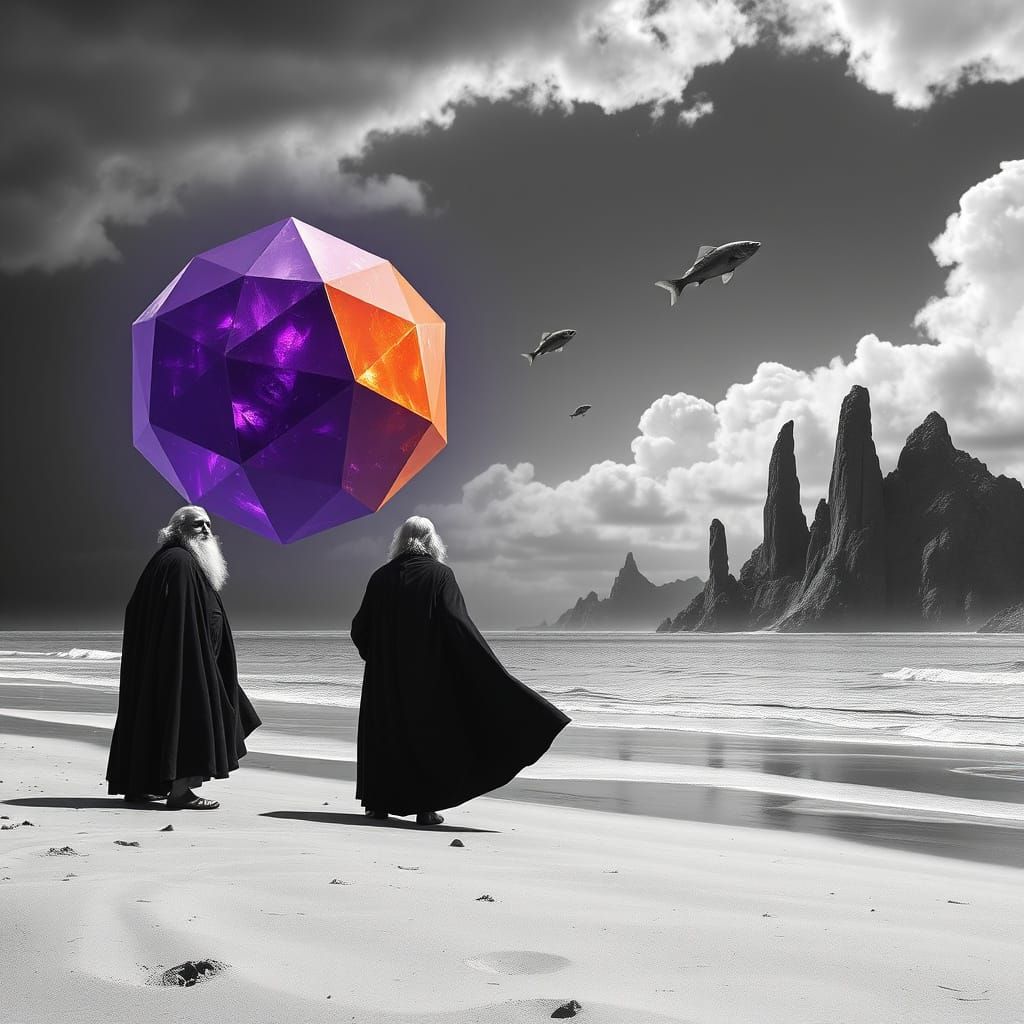 Mystical Shoreline with Floating Polyhedra in Digital Art St...