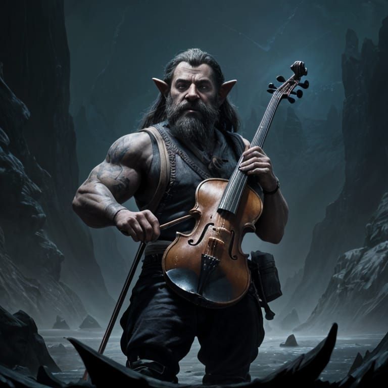 Dwarf Violinist with Bat Friend: Fantasy Art