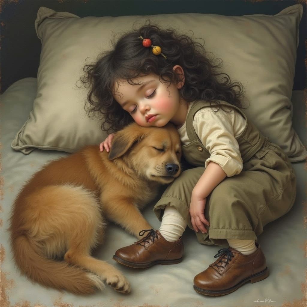 Sleeping Girl with Dog, Oil Painting Style