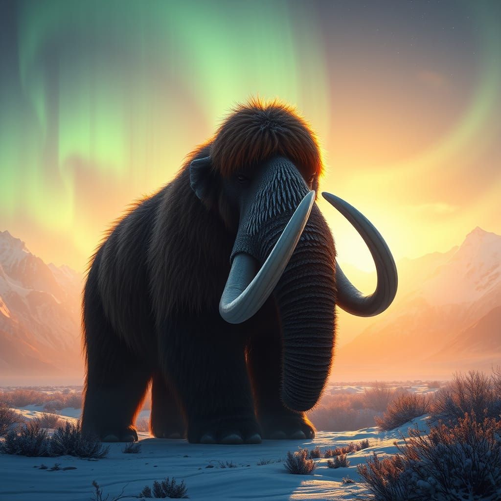 Majestic Woolly Mammoth in a Misty Alaskan Dawn