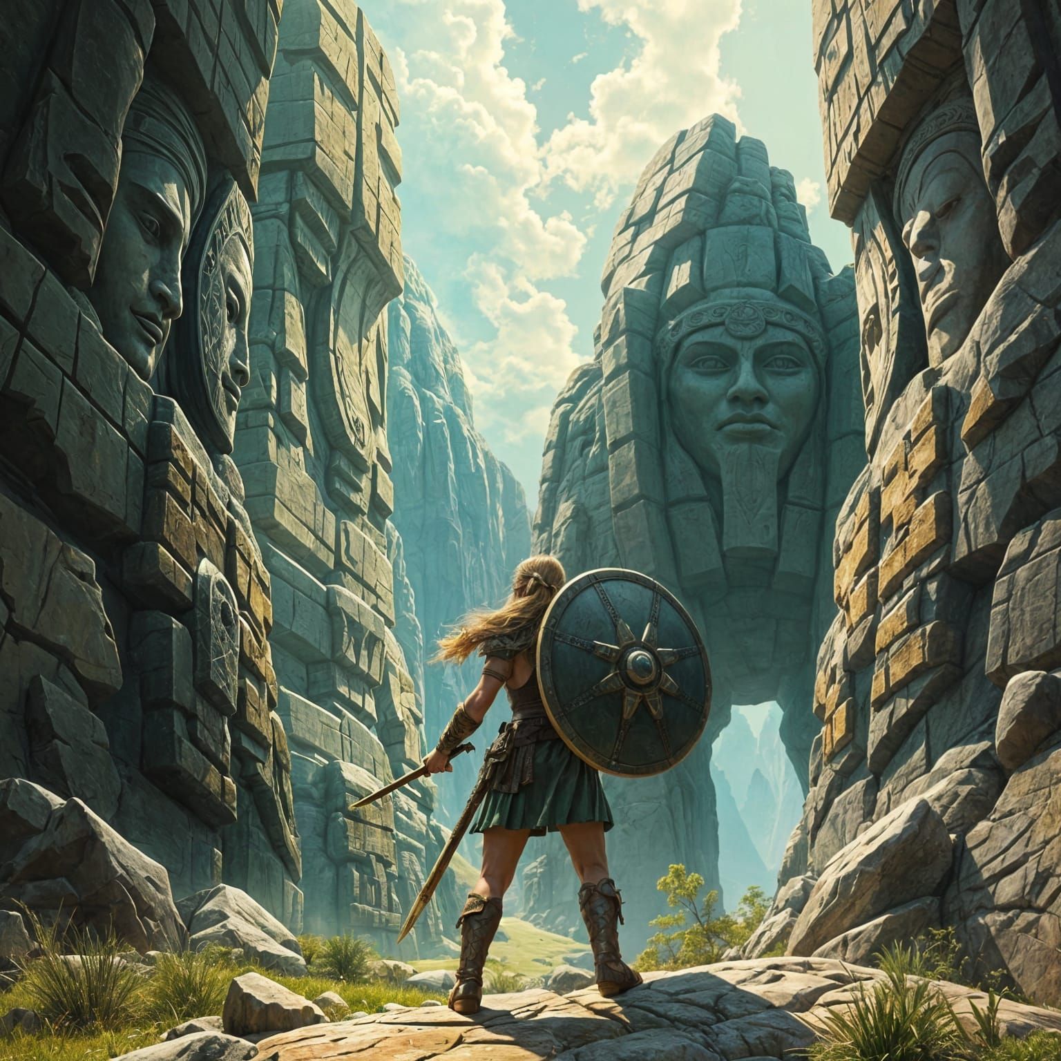 Shield-Maiden Confronts Giant in Emerald Light