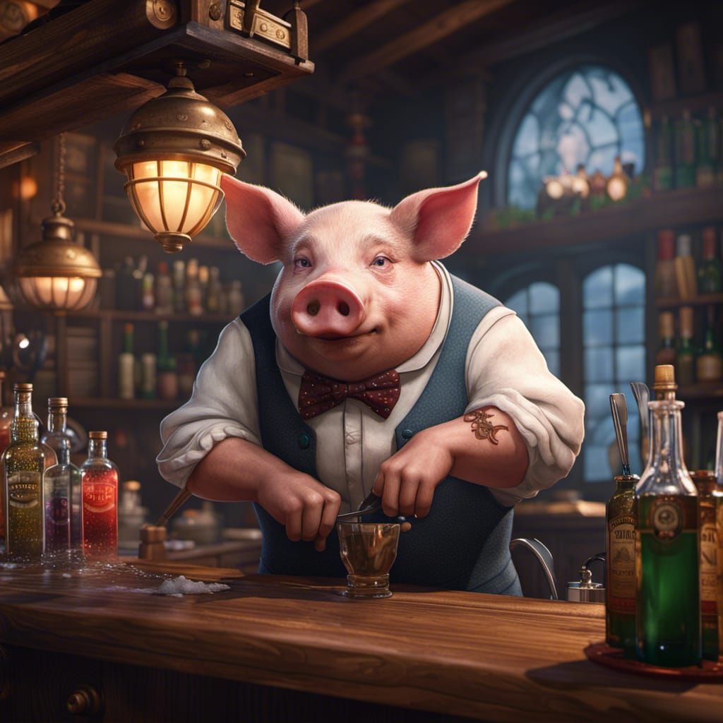 Pig Bartender Cleans Inn Counter: Fantasy Concept Art