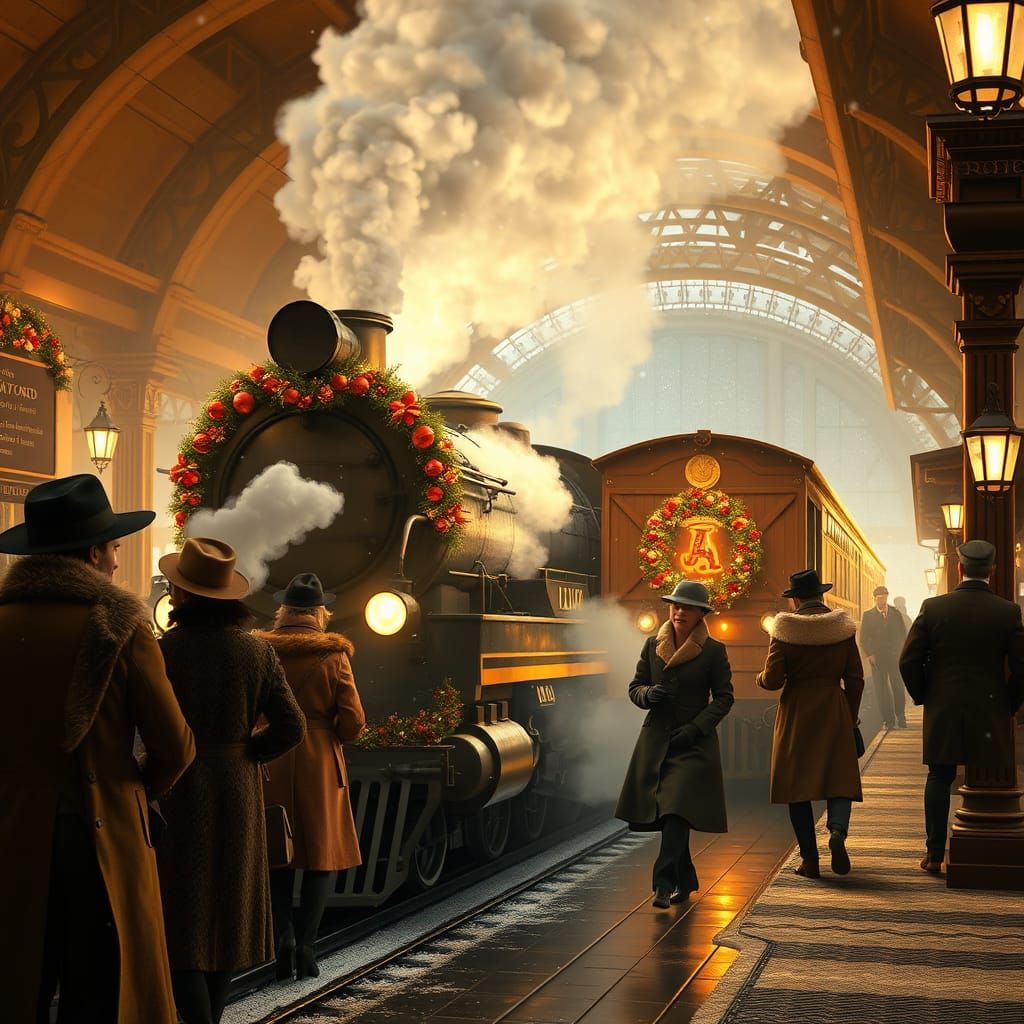 Vintage Christmas Train Station Scene with Steam Engine and....