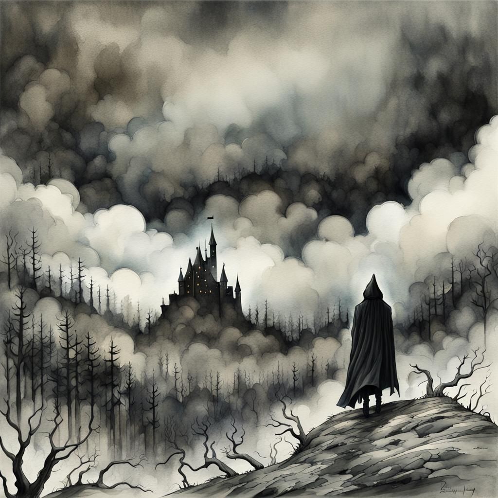 Apocalyptic Storm Over Forest in Watercolor Ink Illustration