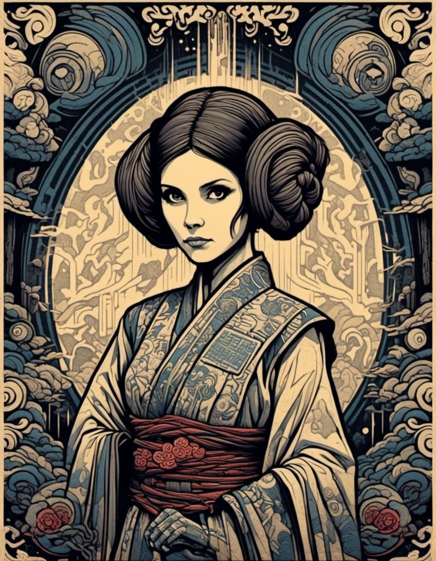 Princess Leia in Wood Block Print Style