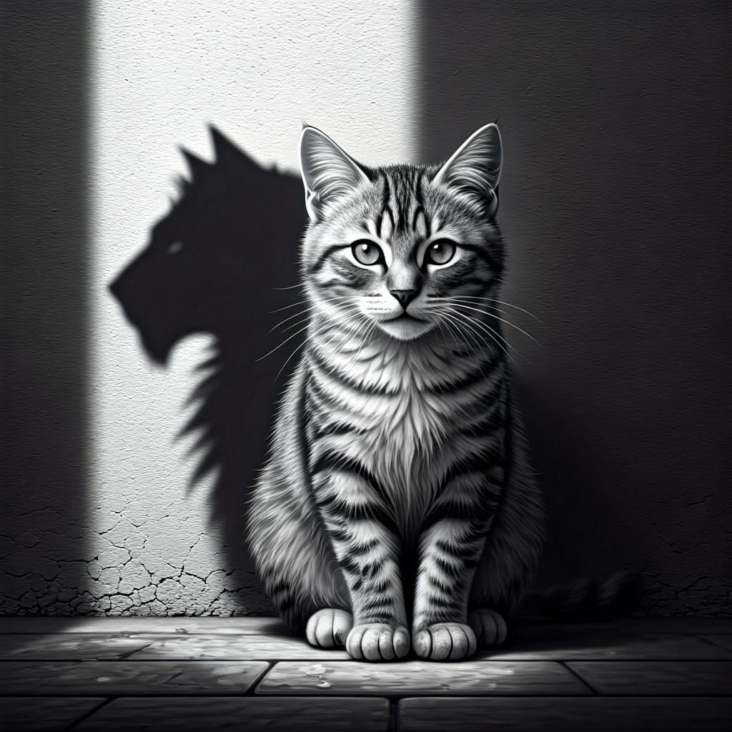 Cat with Lion Shadow: Hyperrealistic Black and White Image