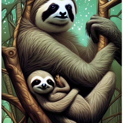 Sloth Mother and Baby in Comic Book Art