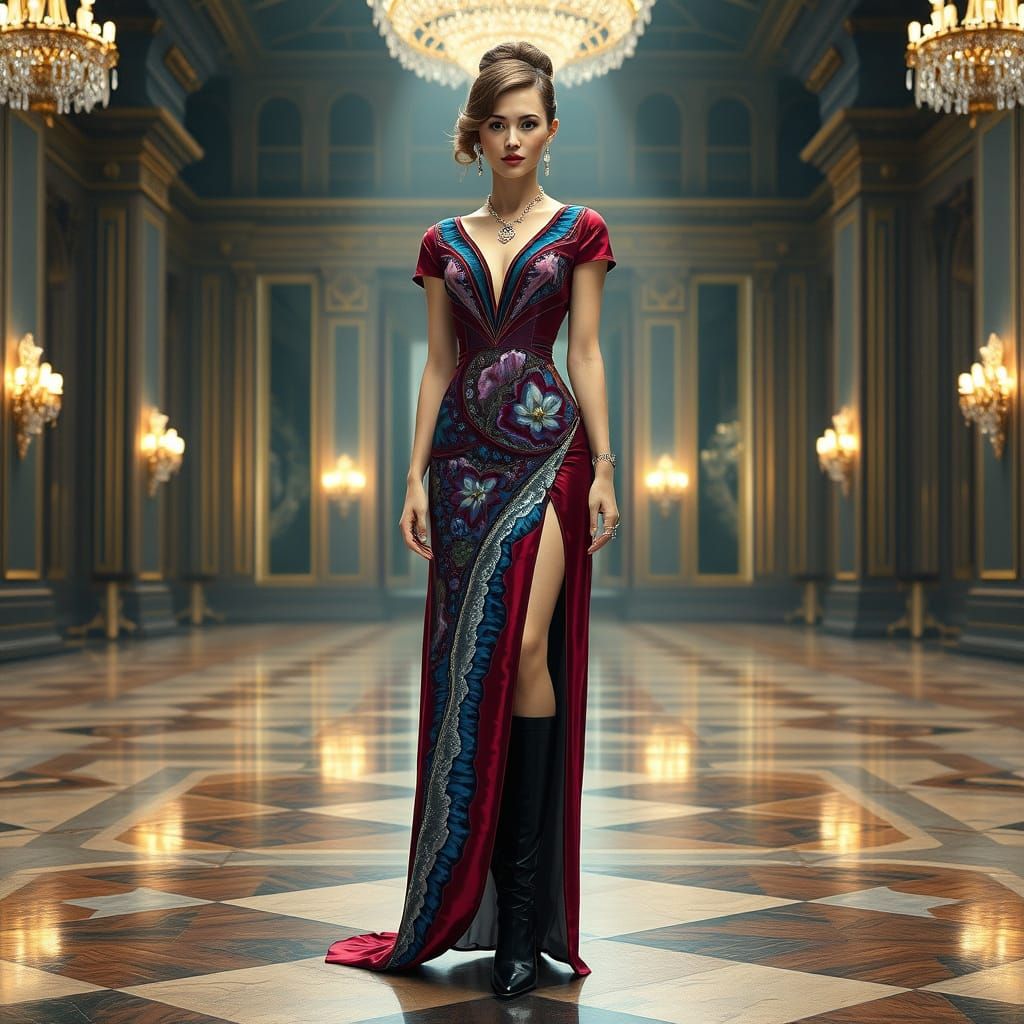 Woman in Ruby and Sapphire Dress in Ballroom
