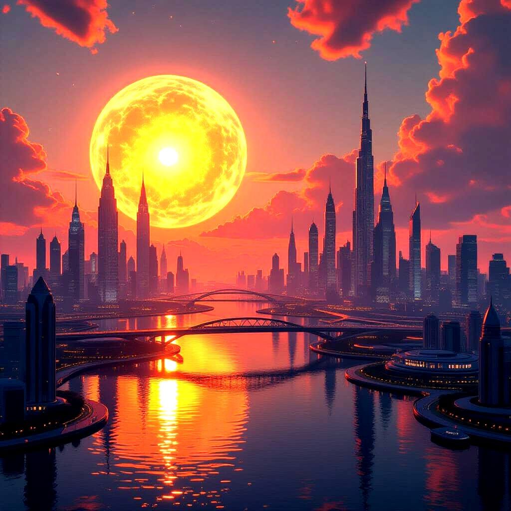 Futuristic City Under a Magical Sun
