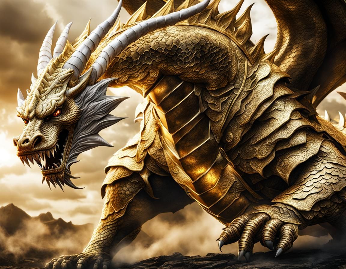 Gold and White Dragon Warrior in Battle