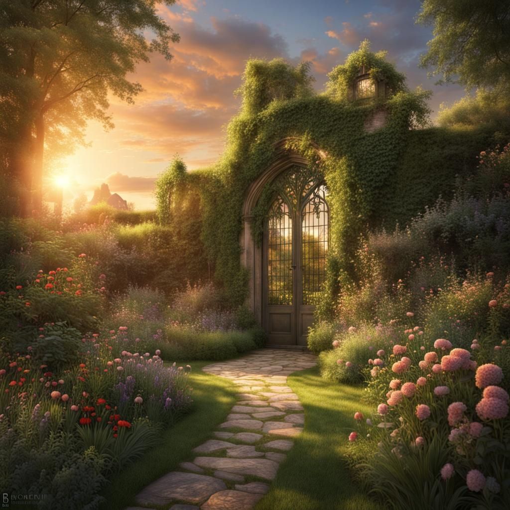 English Secret Garden at Sunset: Detailed Matte Painting