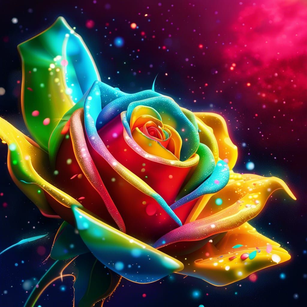 Glittering Neon Rose: Vibrant Cosmic Fantasy