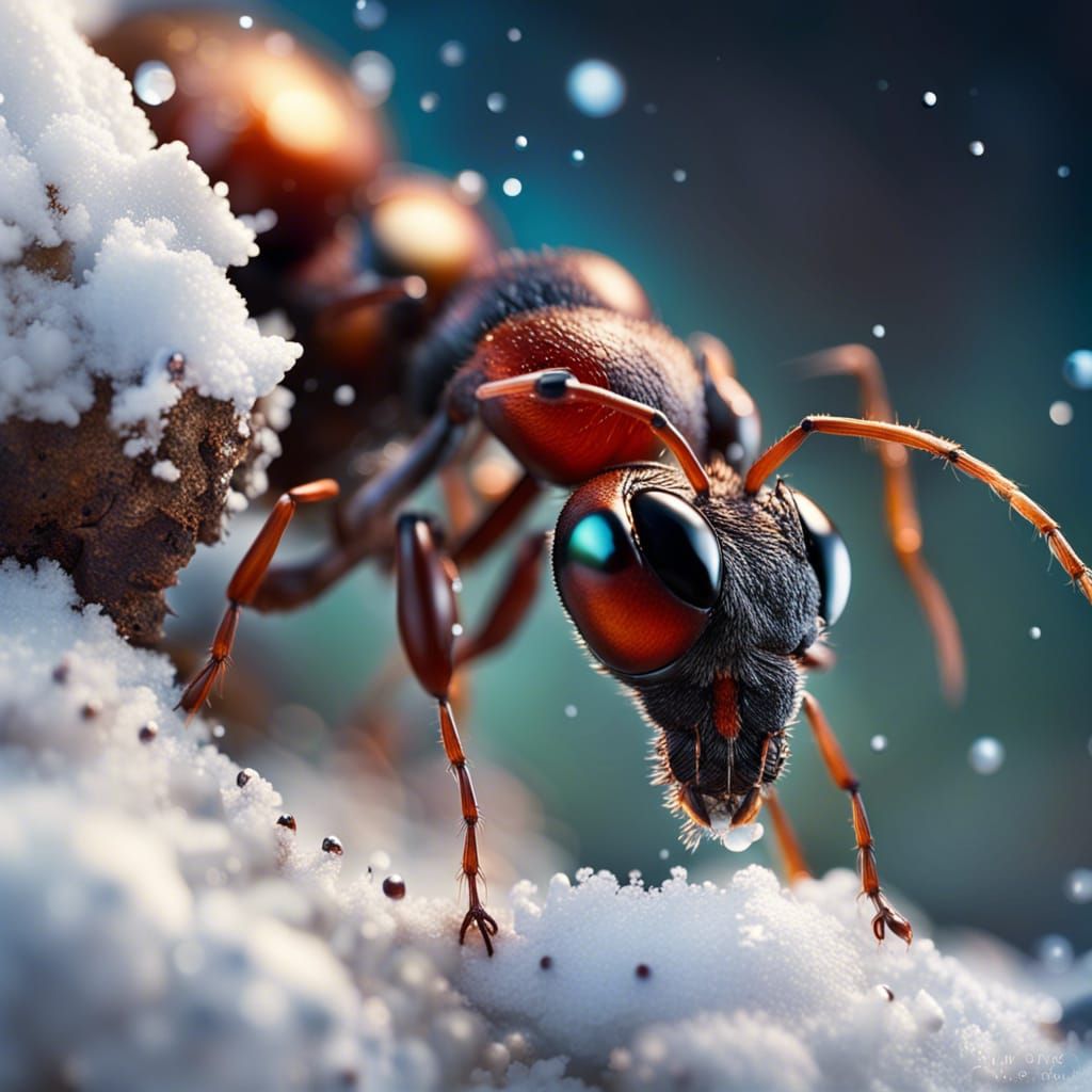 Hyperrealistic Ant Colony in Snow, Splash Art