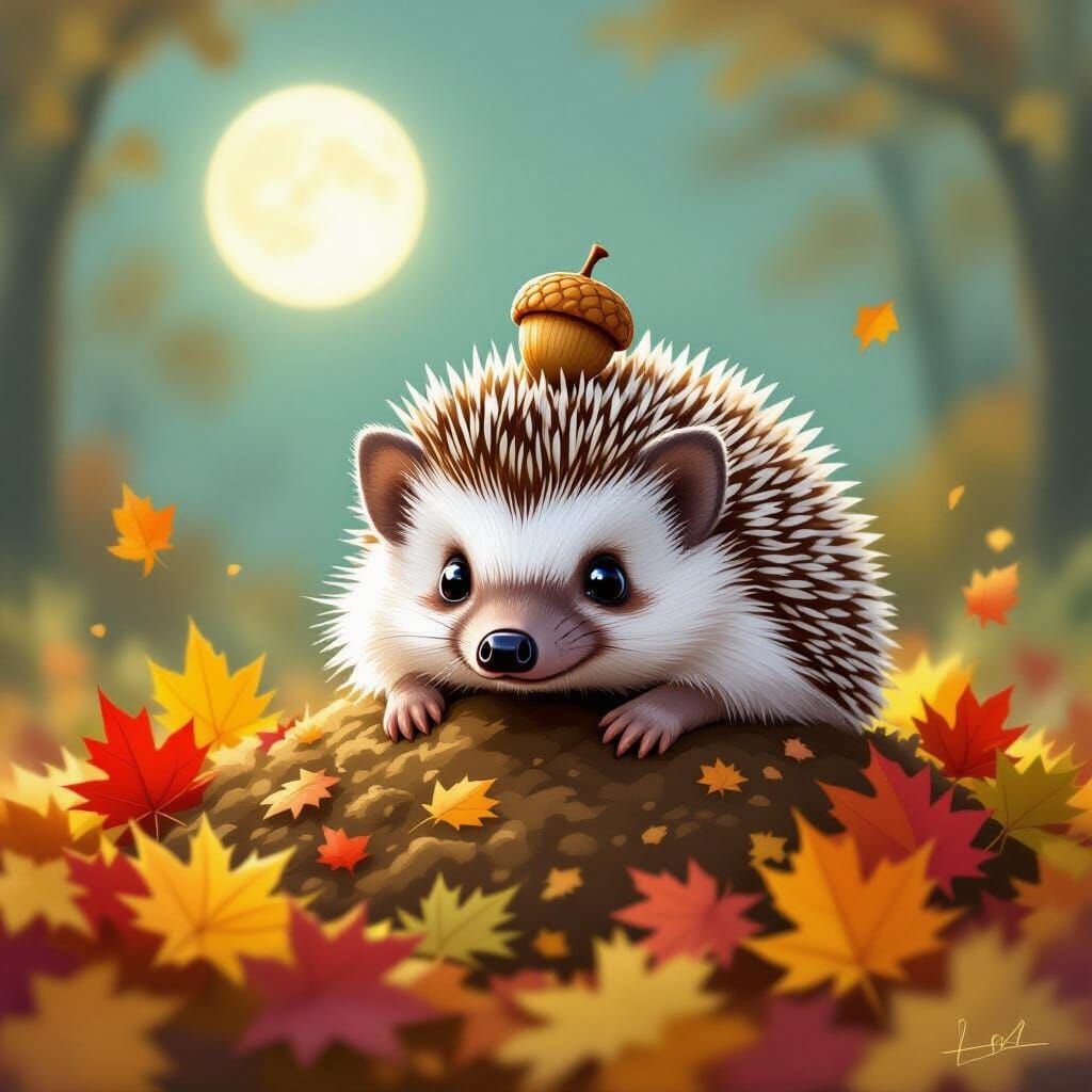 Hedgehog in Acorn Cap Burrows in Autumn Leaves Under Moon