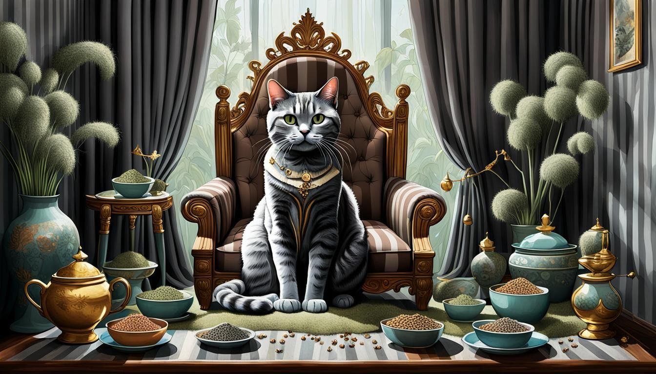 Crowned Cat Queen in a Magical Gouache World