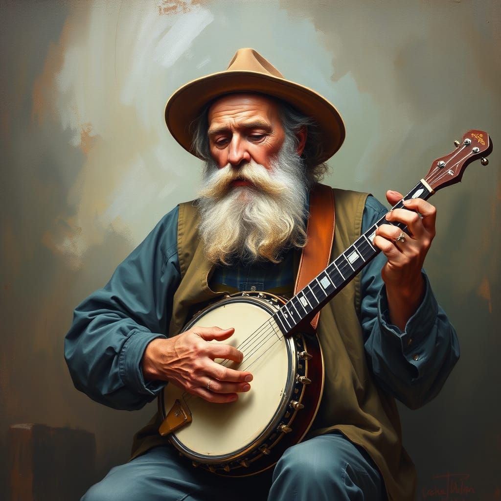 Bearded Man Playing Banjo in Oil Painting Style