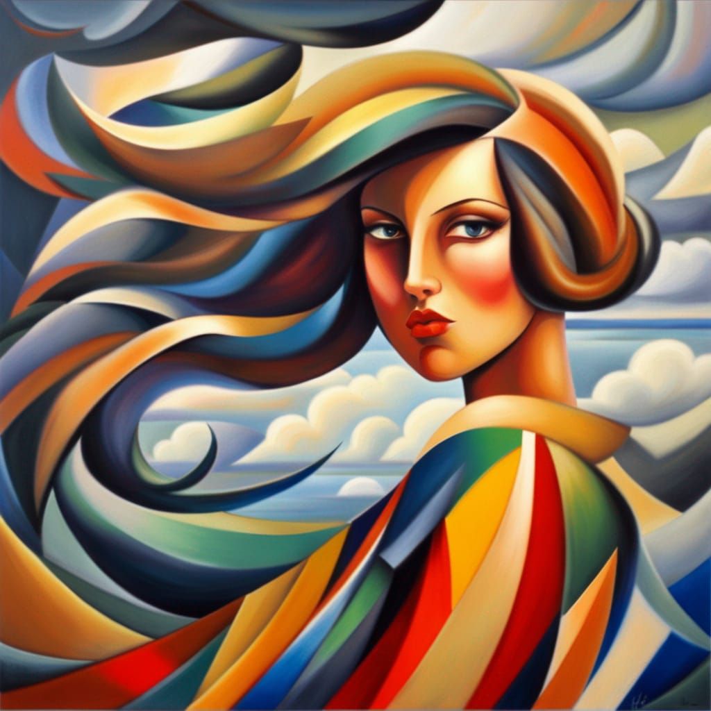 Stormy Sea: Cubist Woman with Flowing Hair