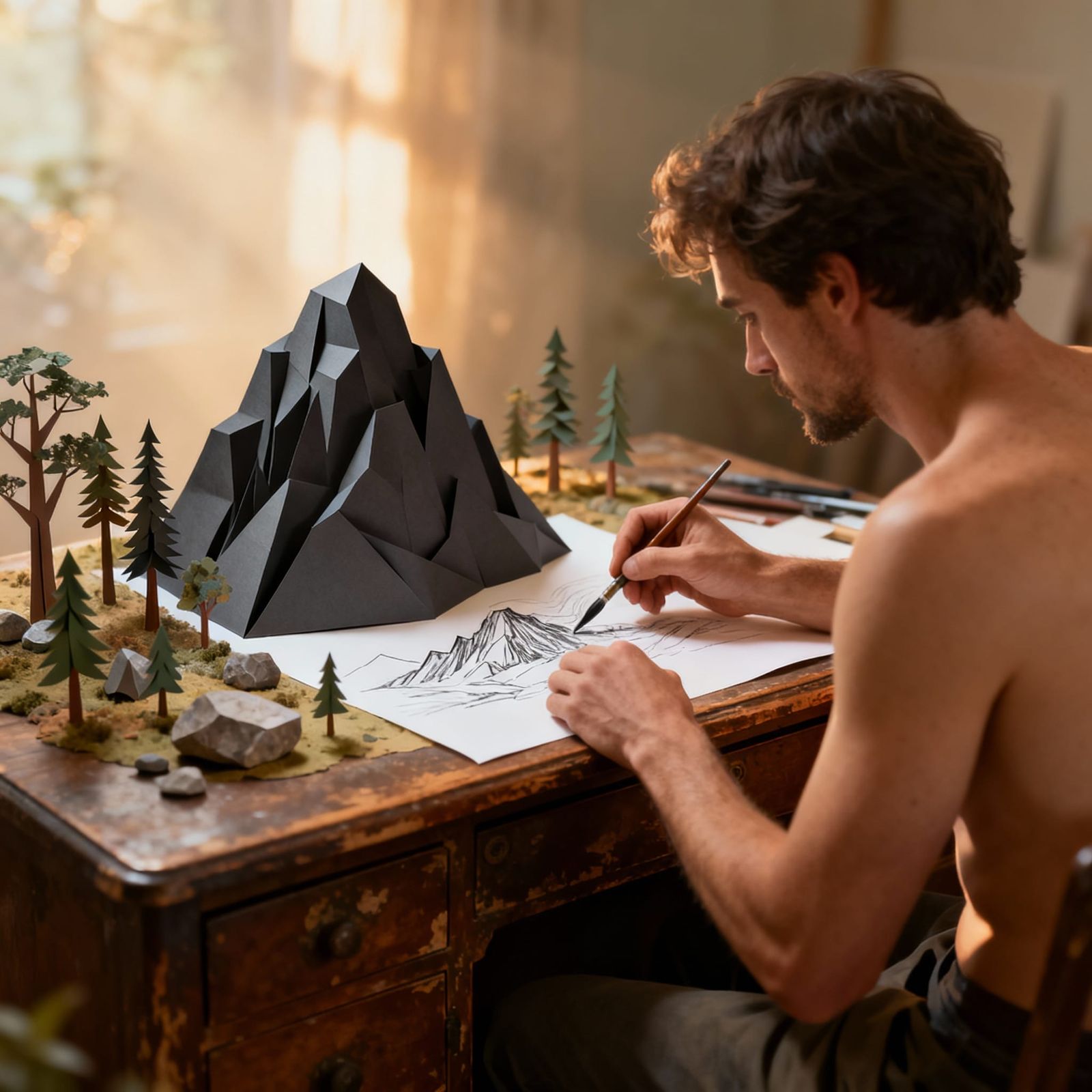 Man Crafts Miniature Paper World on Antique Desk