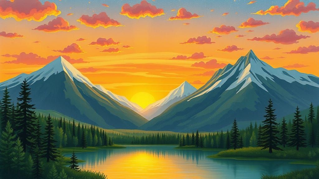 Whimsical Alaska Landscape Illustration from Summer to Winte...