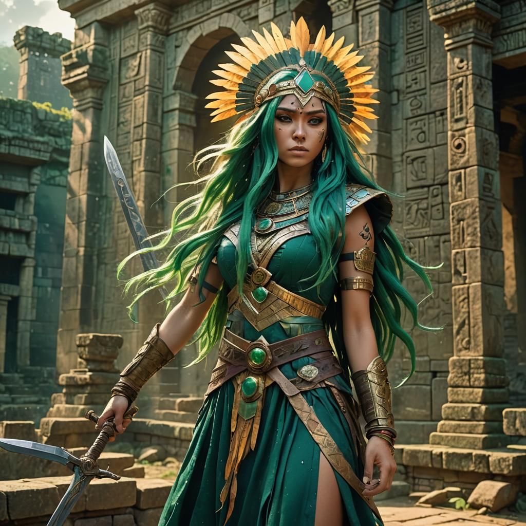 Anime Woman in Mesoamerican Ruins with Sword