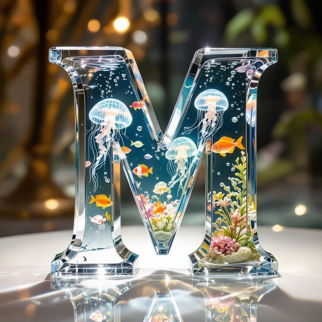 Glass Letter M Sculpture with Underwater World