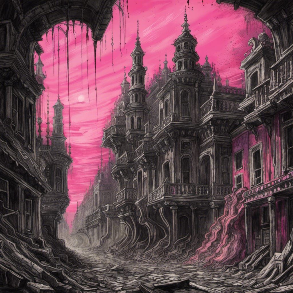 Decaying Baroque City in Synthwave Neon Horror Style