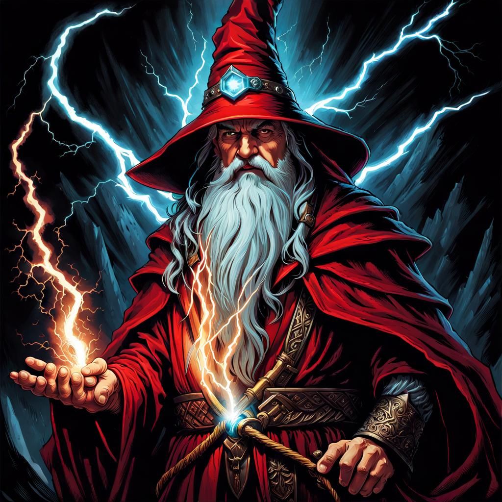 Red Sorcerer Conjuring Lightning in Dark Fantasy Style
