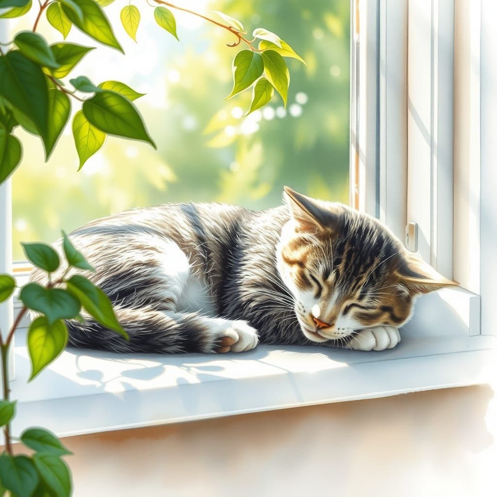 Tabby Cat Napping in Dreamy Watercolor Style