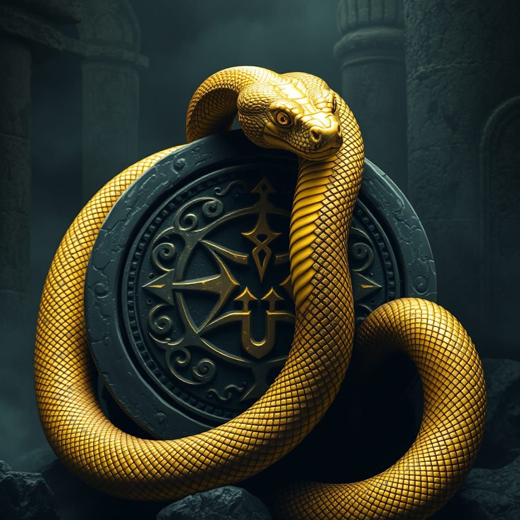 Golden Snake Coils Around Ancient Mystical Symbols