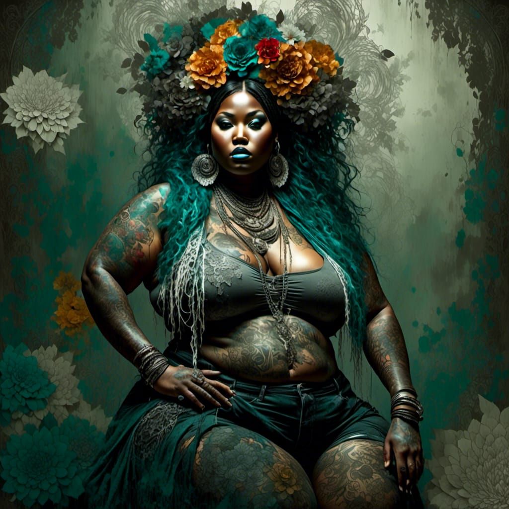 Curvy Woman with Lace Flowers and Silver Mist