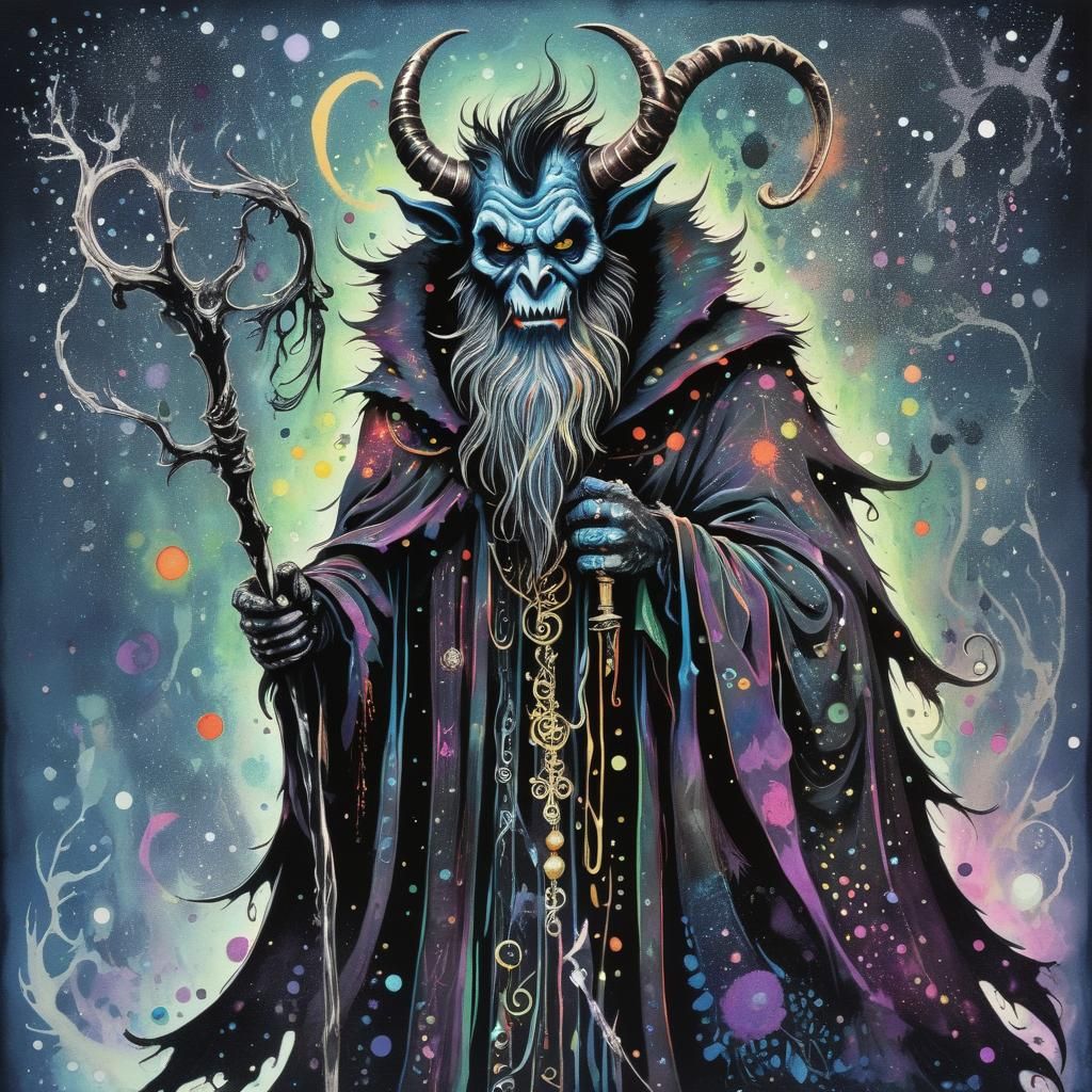 Whimsical Krampus in Cloak: Pen and Dot Contemporary Art