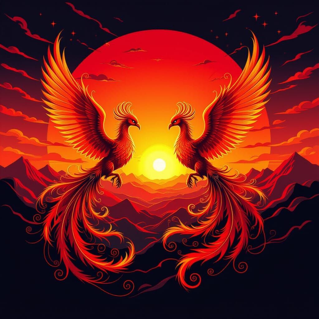 Fiery Phoenix Dance at Sunset in Fractal Vector Style