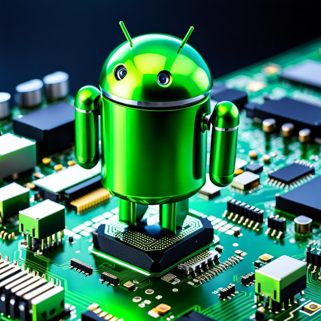 Green Android Robot on Motherboard Digital Rendering
