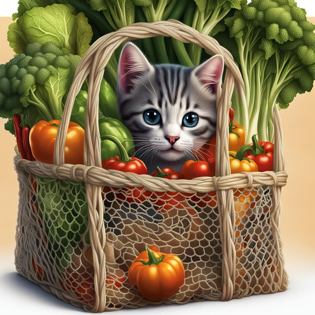 Cute Kitten in Veggie Bag: Fantasy Art