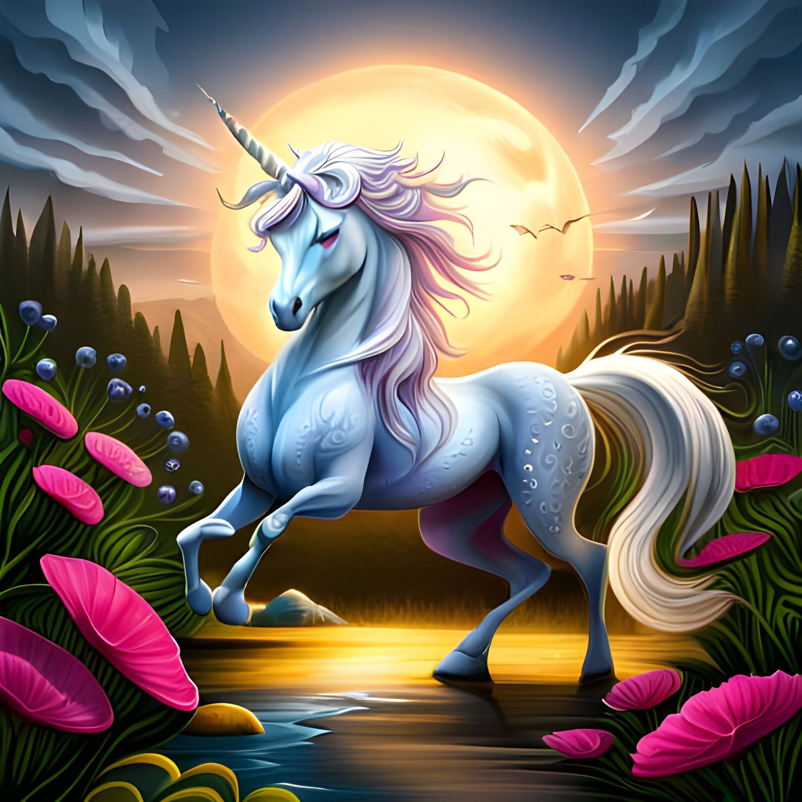 Majestic Floral Unicorn in Detailed Matte Painting