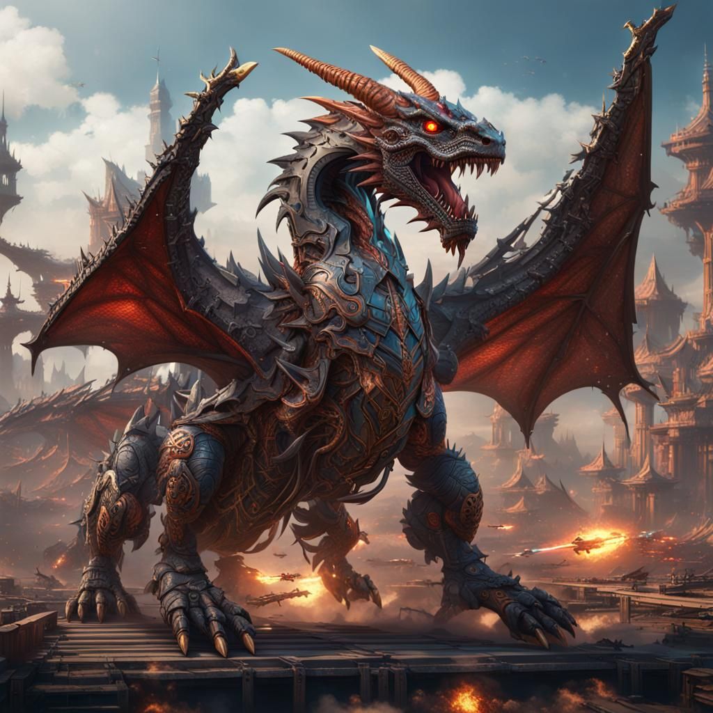 Cyborg Dragon with Rockets in Detailed Matte Painting