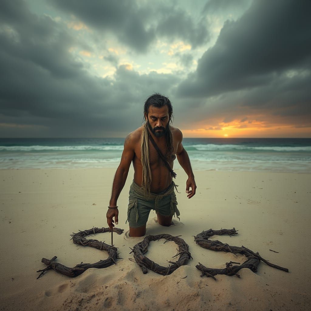 Stranded Man Signals SOS on Desert Island