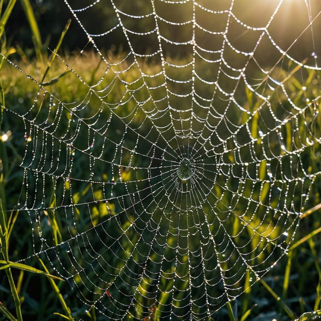 Dew Glistening on Spider Web in Morning Light
