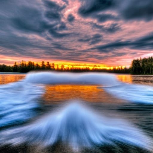 Whitecaps on a lake with whitecaps at sunset