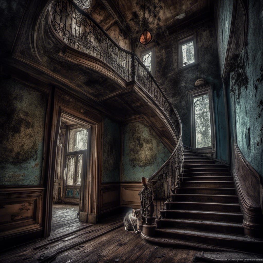 Spooky Cat in Creepy House: Hyperrealistic 64MP Image