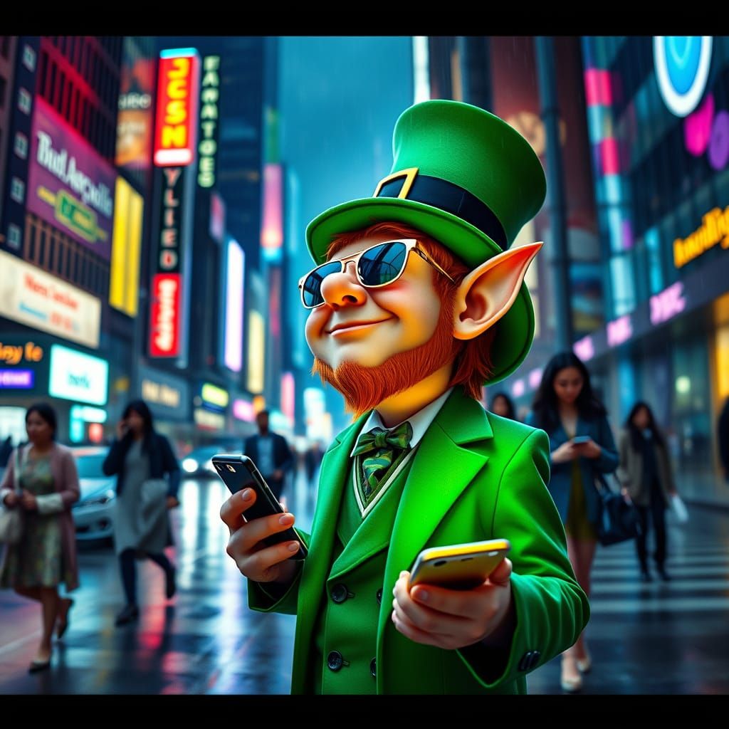 Leprechaun in Modern Metropolis, Neon Cityscape at Night