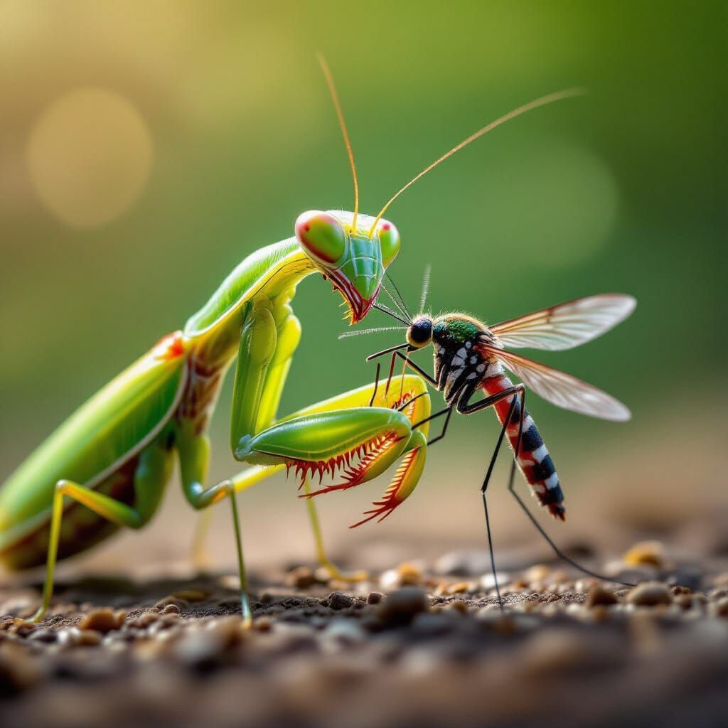 Hyperrealistic Praying Mantis Devouring Mosquito Macro Shot