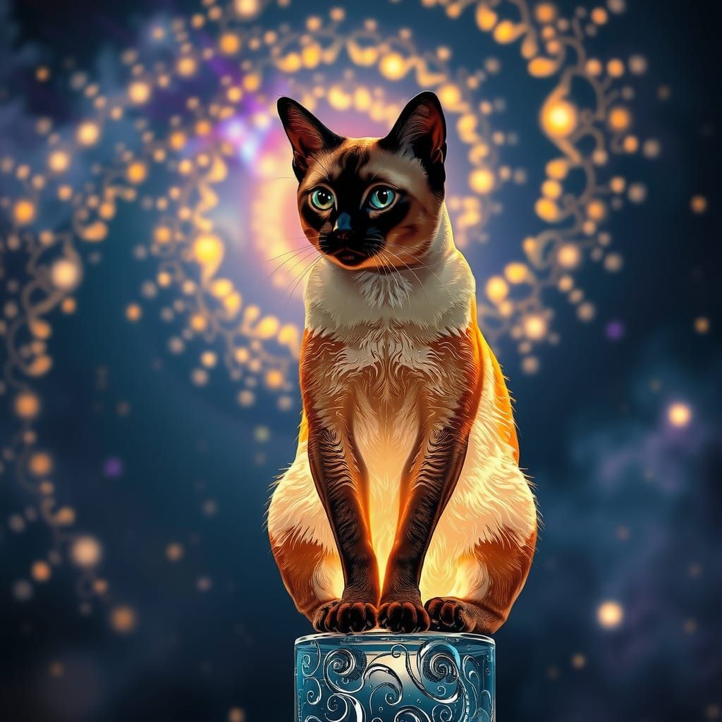 Siamese Cat on Glass Post with Nebula Glow