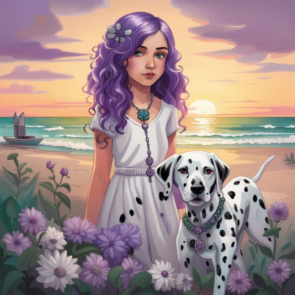 Girl with Dalmatian Puppy on Beach at Sunset