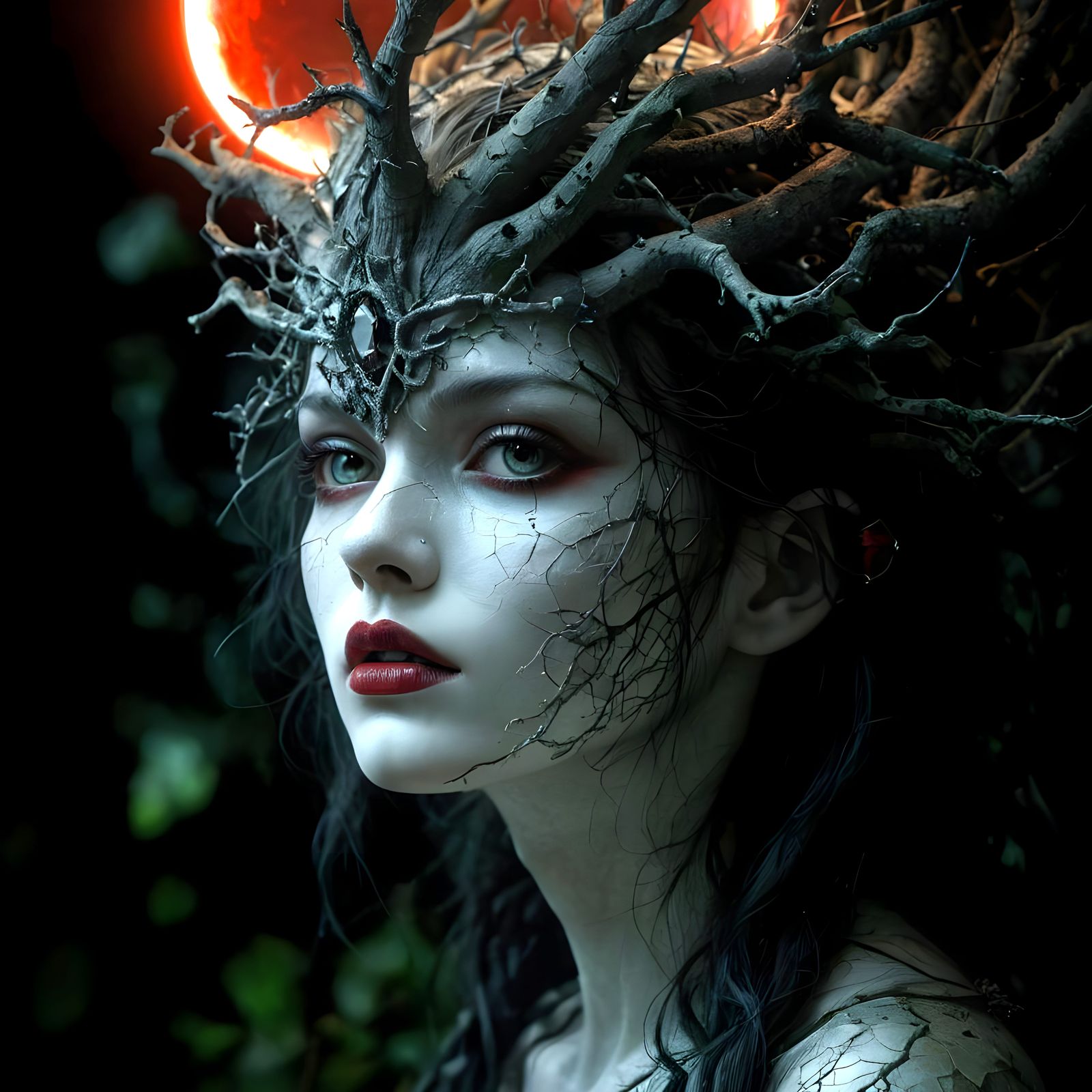 Surreal Girl with Tree Roots, in Pencil Drawing Style