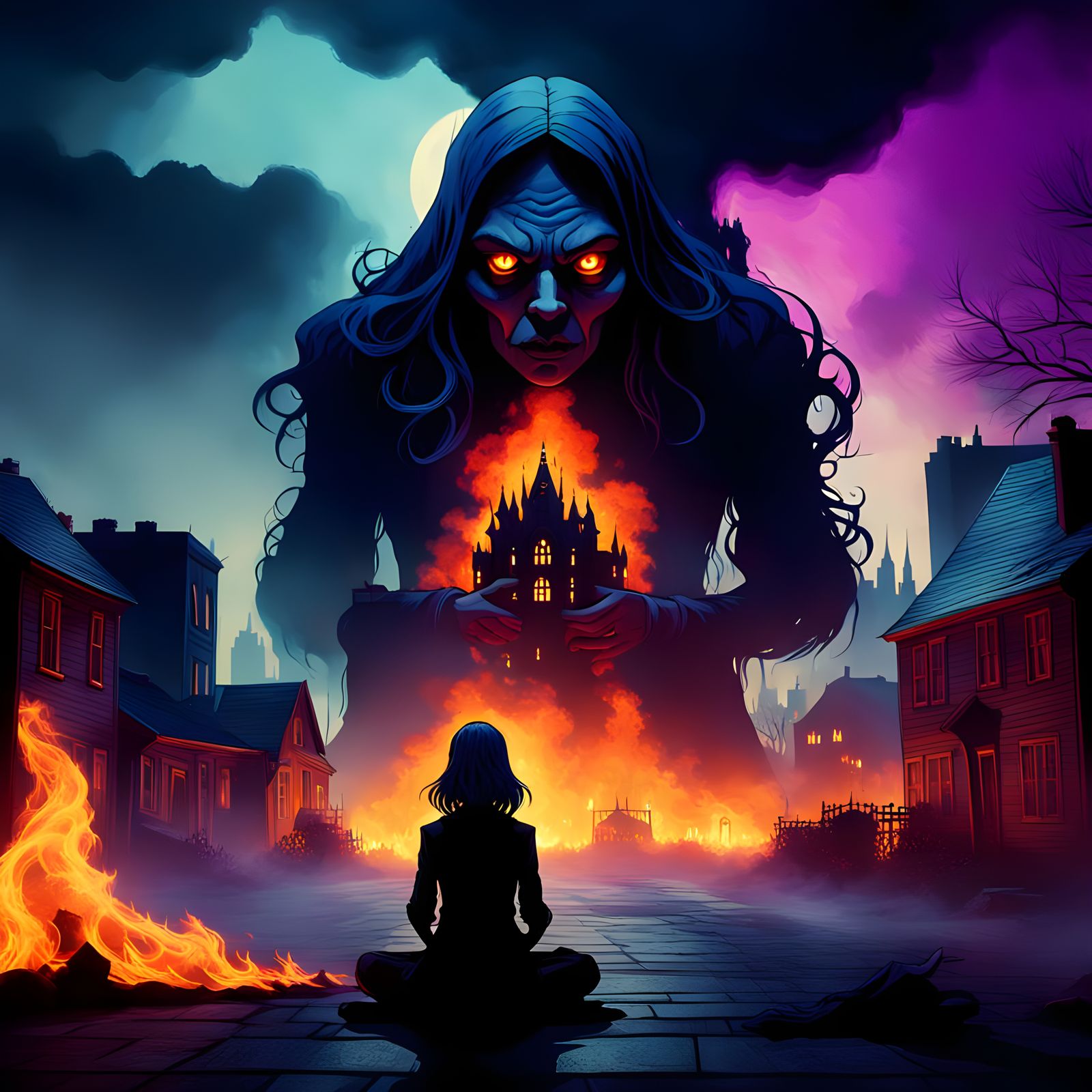 Witch Meditating in Burning City, 3D Rendered