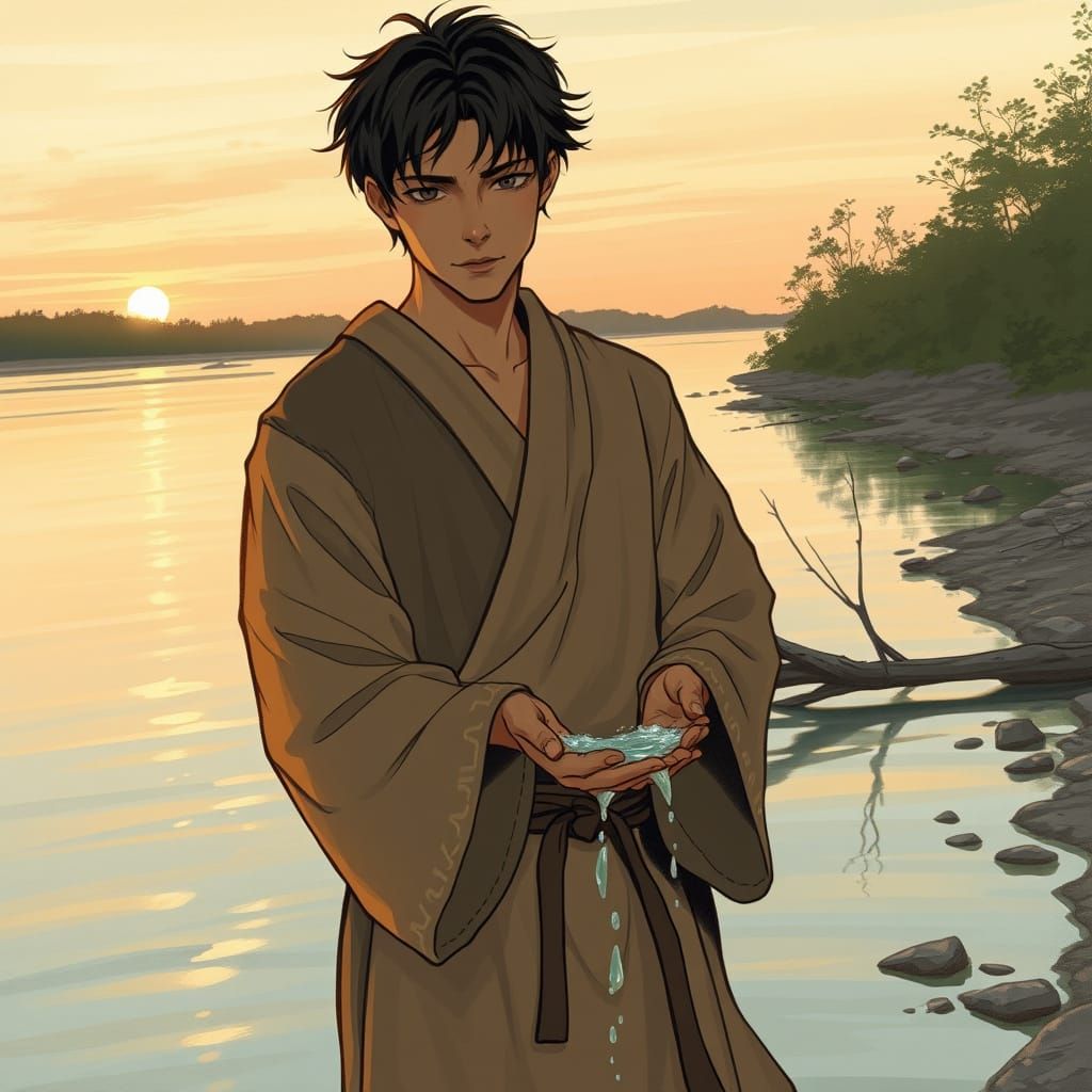 Sunrise River Ritual in Dreamy Anime Style