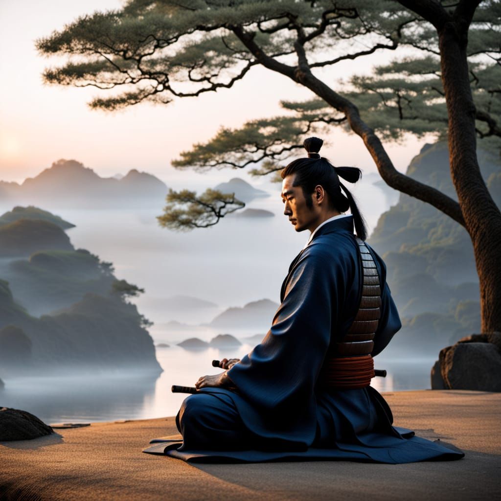 Young samurai meditating at sundawn