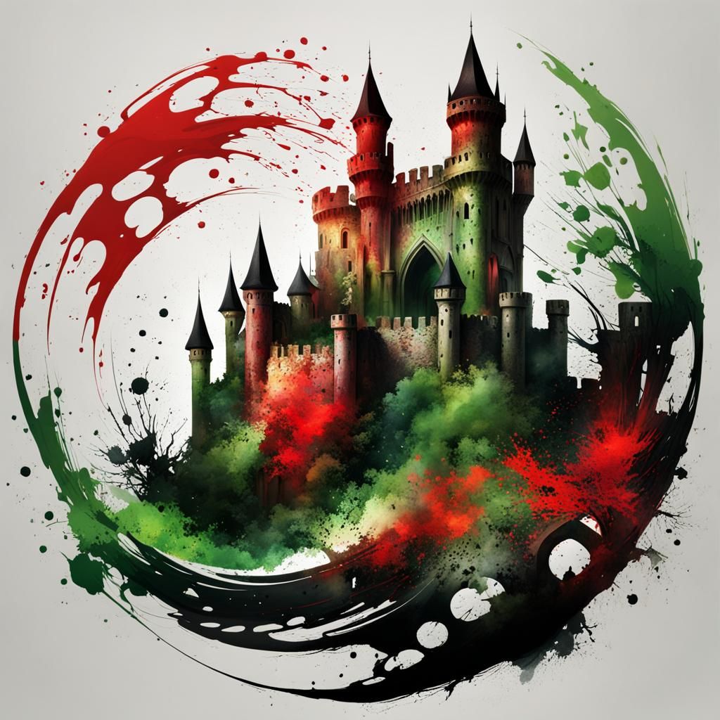 Medieval Castle Ruins in Watercolor Paint Splatter Art