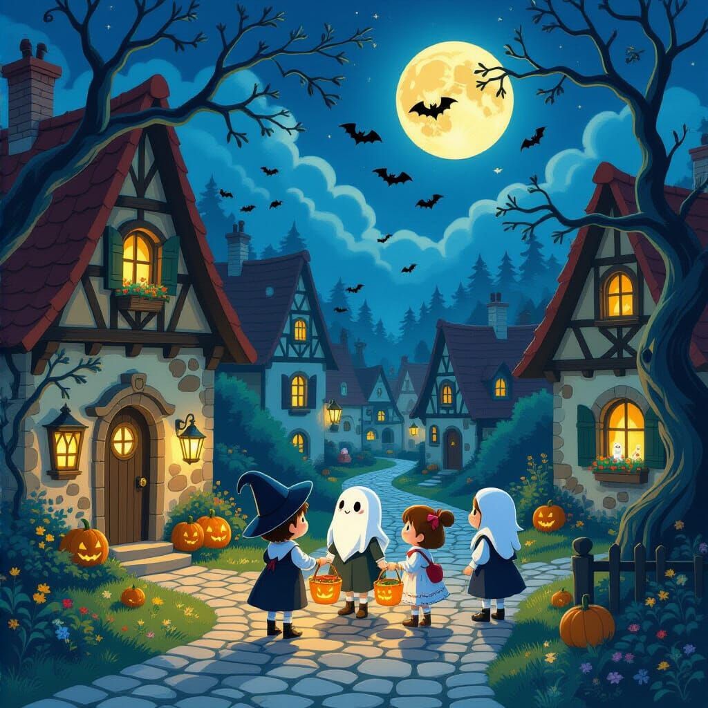 Enchanting Village with Spooky Creatures in Miyazaki Style